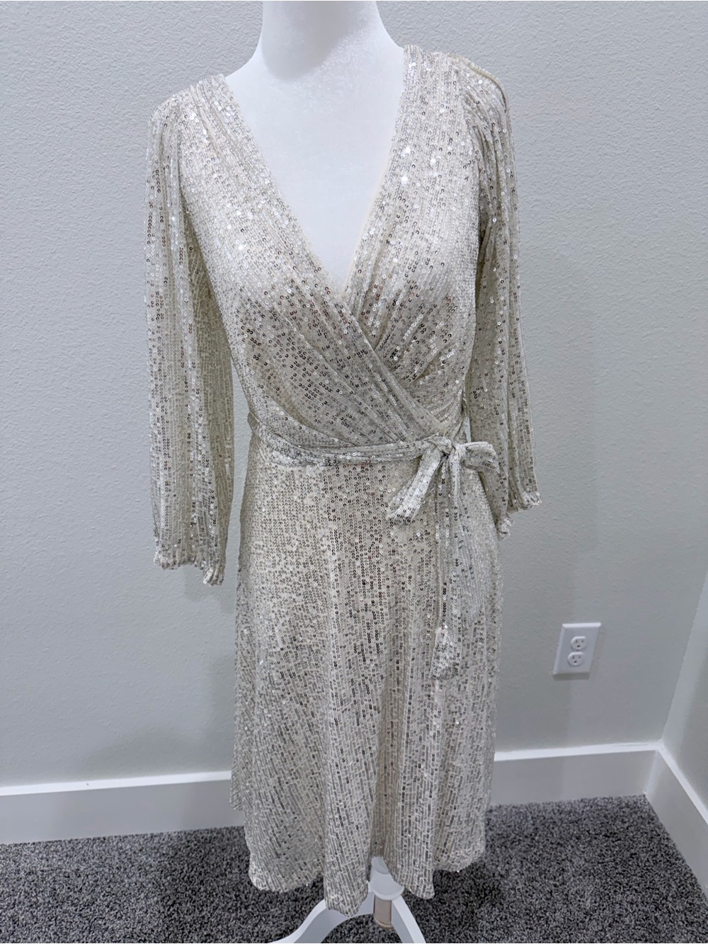 DKNY Champagne Sequin Wrap Midi Dress